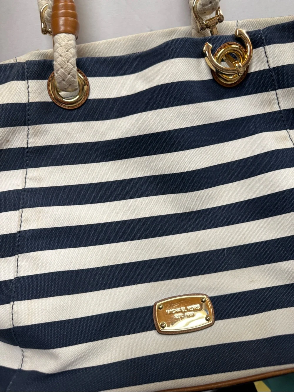Michael Kors Nautical Stripe Tote Bag with Rope Handles - Navy & White Preowned